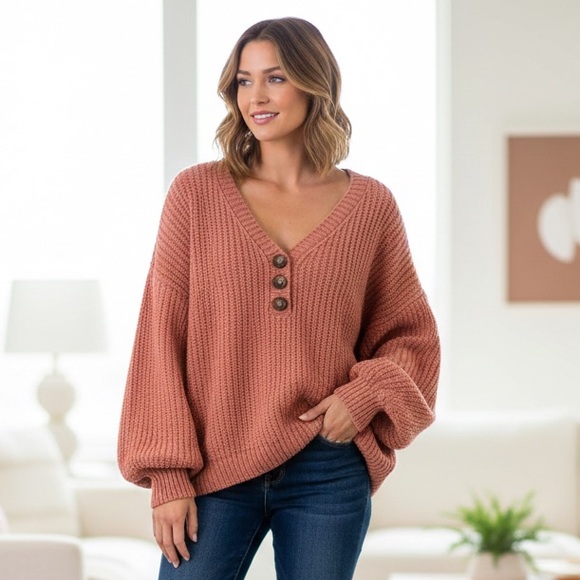 POL Oversized Button Front Knit Sweater Salmon Cozy S/M NWT - Picture 12 of 13